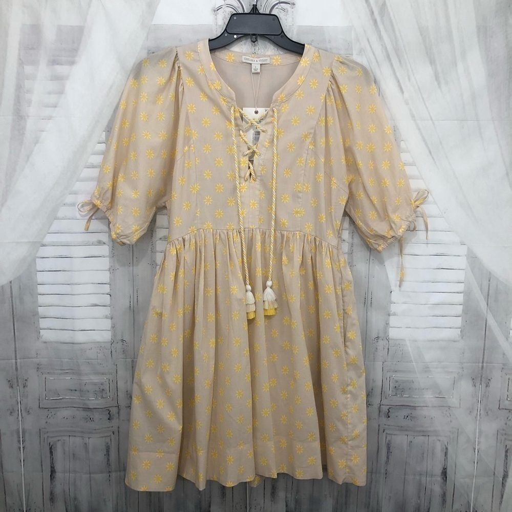 Chelsea & Violet Large Dress Yellow Floral Cotton Short Sleeve Tassels V Neck - Picture 9 of 11